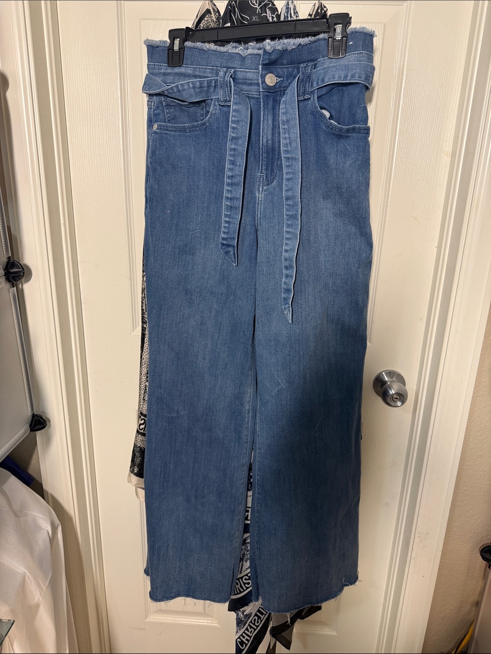 Express Blue Denim High-Rise Wide Leg Jeans with Tie Belt